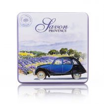 BOITE A SAVON D CARRE PLATE CHAMPS DE LAVANDE ET VOITURE BLEUE