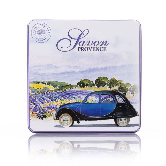 BOITE A SAVON D CARRE PLATE CHAMPS DE LAVANDE ET VOITURE BLEUE